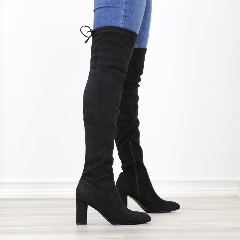Pointy Toe Black Faux Suede Thigh High Over The Knee Block High Heel Boots - Picture 4 of 15